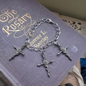 Silver-Tone Rose Cross Charm Bracelet